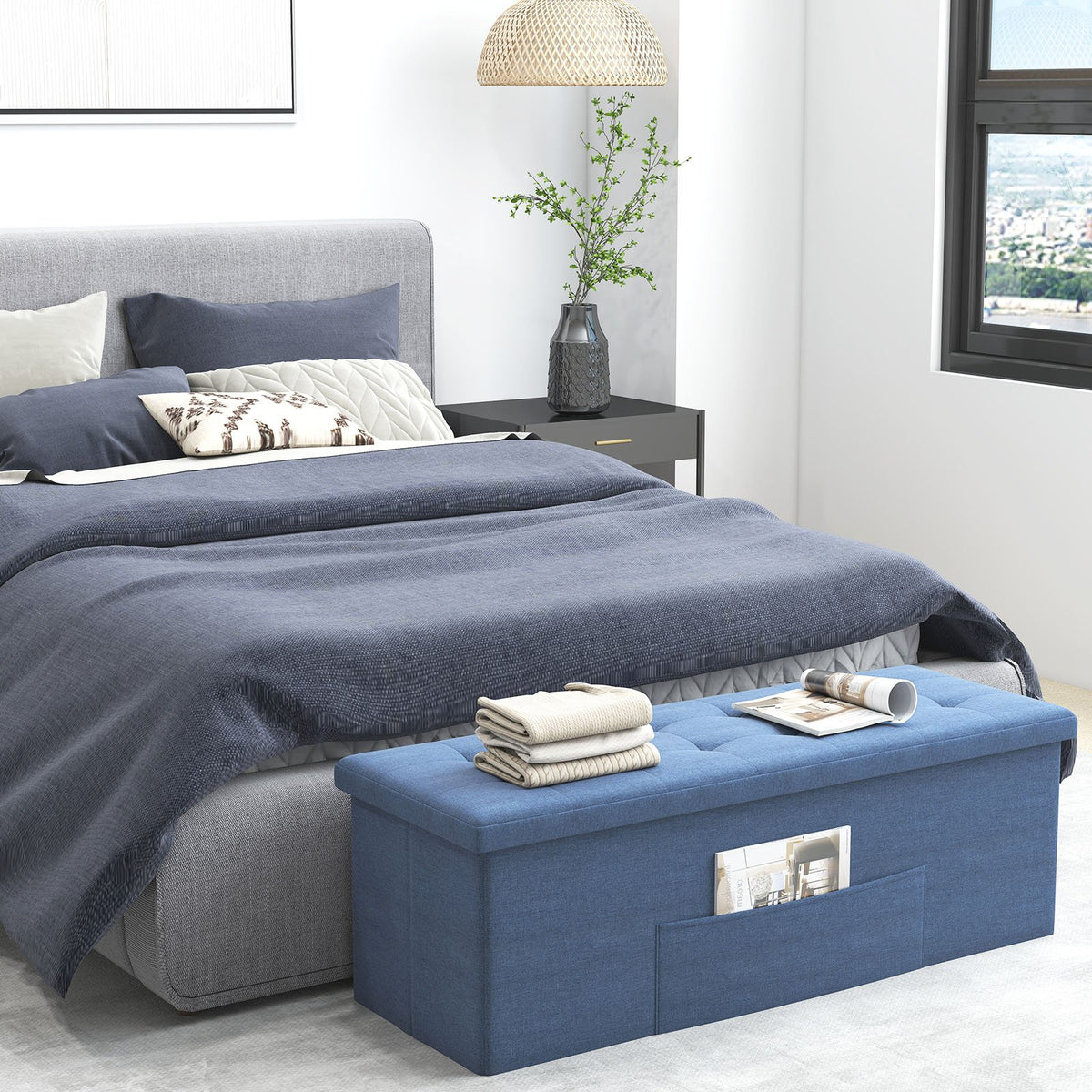 43 Inches Folding Storage Ottoman Bench Linen End of Bed Bench with Padded Seat-Navy view 2
