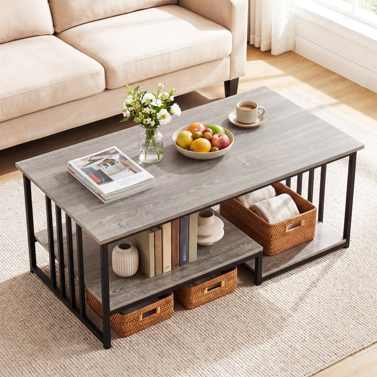 43.5 inches Coffee Table 2-Tier with Open Storage Shelf-Oak view 2