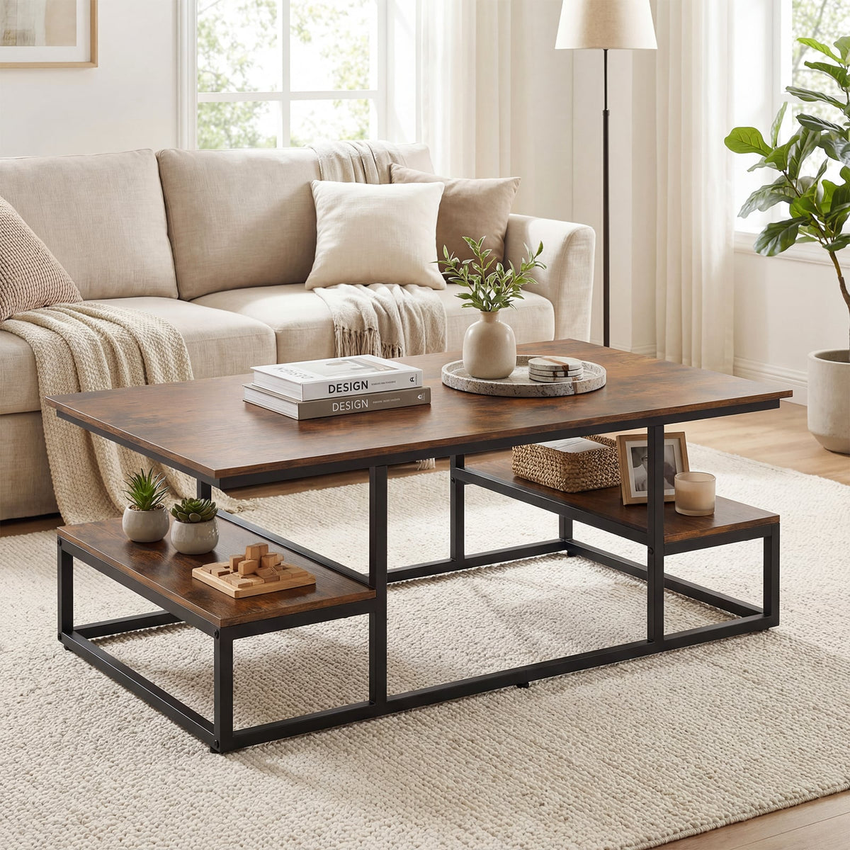 43 inches Rectangle Coffee Table with Storage and Open Shelves-Rusticbrown view 2