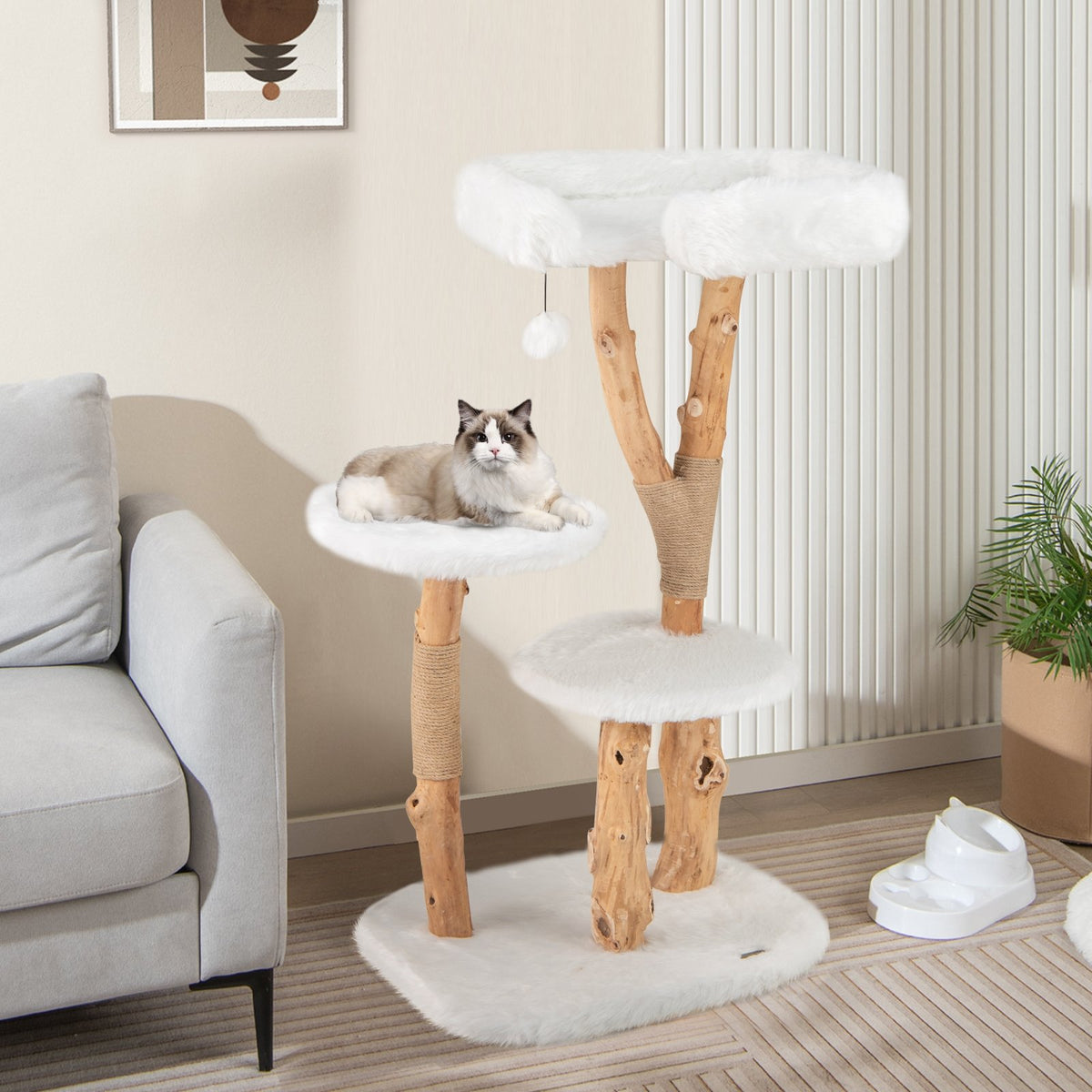 44 Inch Solid Wood Cat Tree with Perch and Natural Jute Scratching Posts-White view 2