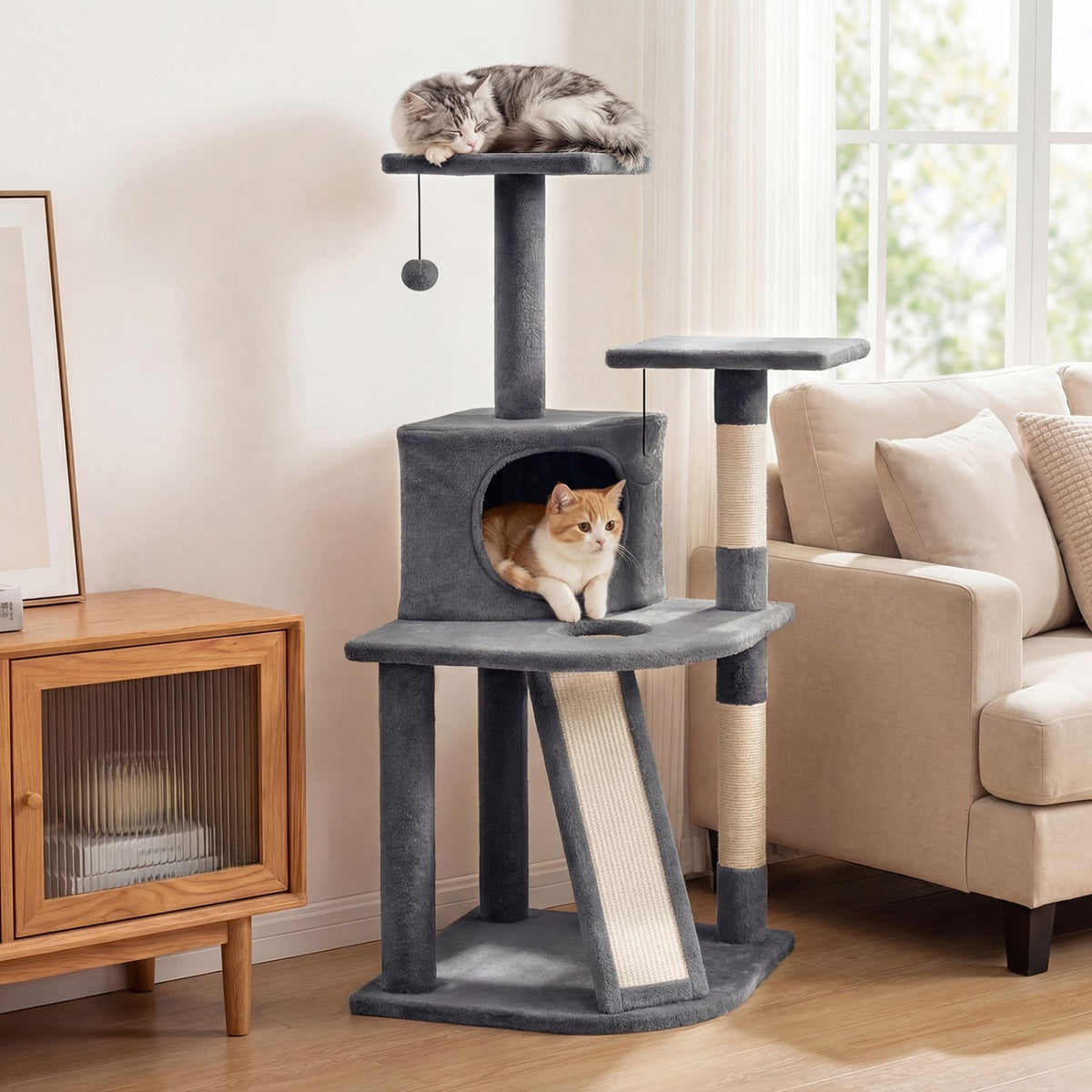 44 Inch Tall Kitten Tower with Condo and 2 Plush Perches-Light Gray view 2