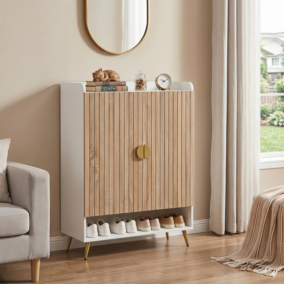 44 inches Tall Shoe Storage Cabinet with 7-Tier Doors and Adjustable Shelves for Entryway-Natural view 2