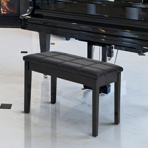 Classic Piano Bench Stool, PU Leather Padded Keyboard Seat with Rubber Wood Legs and Music Storage Compartment, Banded Seat, Black