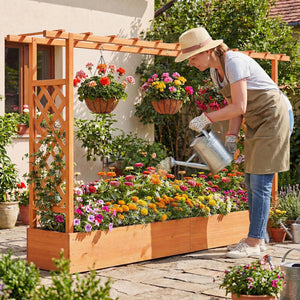 45 Inch Tall Wooden Raised Garden Bed with Side Trellis and Hanging Roof Drainage Holes-Orange view 5
