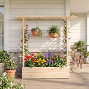45 inch Tall Wooden Raised Garden Bed with Side Trellis and Hanging Roof-Natural view 3