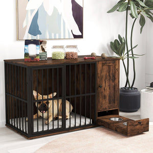 47.5 inch Dog Crate Furniture with Hidden Pull-out Bowls in Drawer for Small and Medium Dogs-Rustic Brown view 2