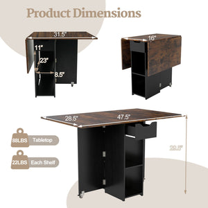 47.5 Inch Farmhouse Extendable Wooden Dinner Table with Lockable Wheels-Rustic Brown view 5