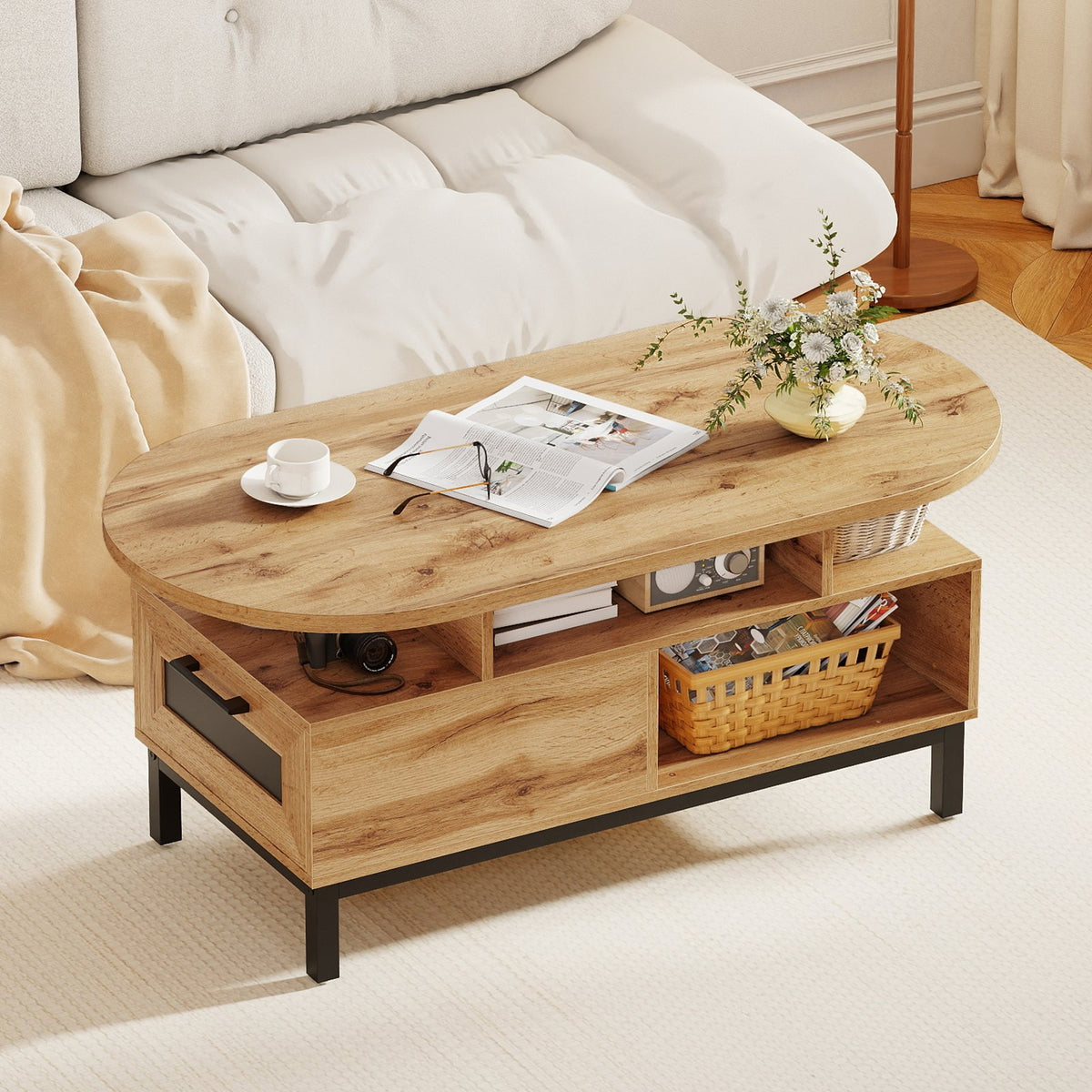 47 Inch Oval Coffee Table with Storage and Open Compartments for Living Room-Natural view 2