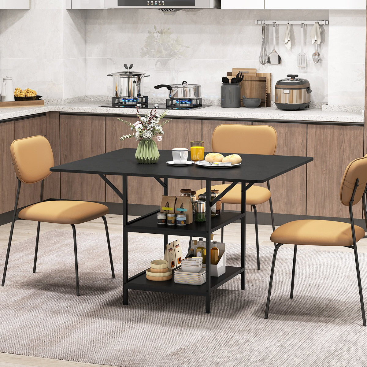 47 Inch Rectangular Dining Table with 2 Open Storage Shelves and Sturdy Metal Legs for 4-6-Black view 2