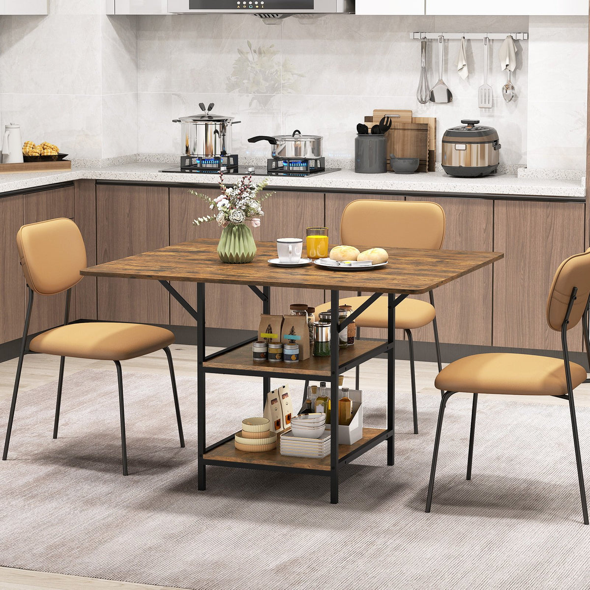 47 Inch Rectangular Dining Table with 2 Open Storage Shelves and Sturdy Metal Legs for 4-6-Rustic Brown view 2