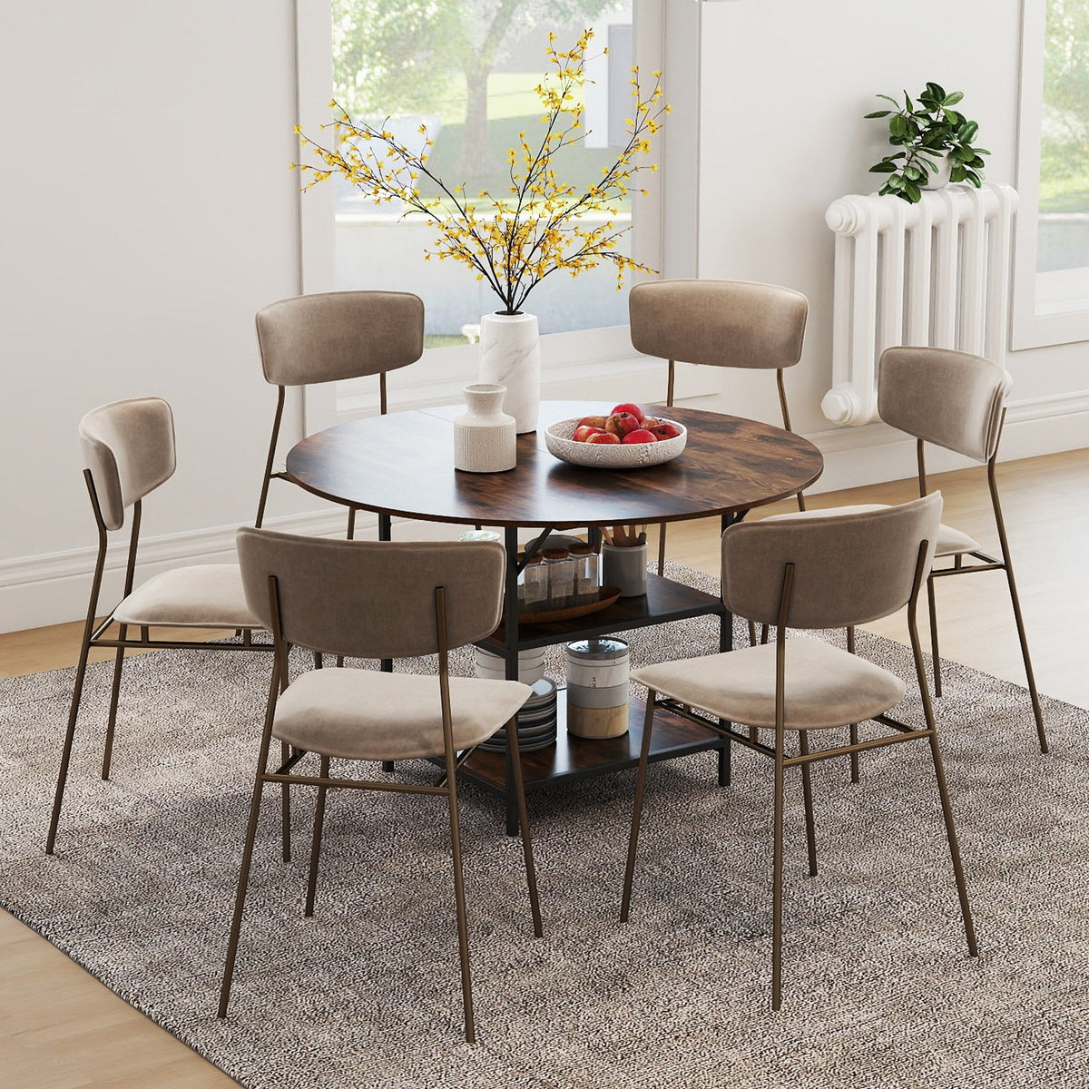 47 Inch Round Dining Table for 4-6 People Large Kitchen Table with 2-Tier Storage Shelves-Rustic Brown view 2