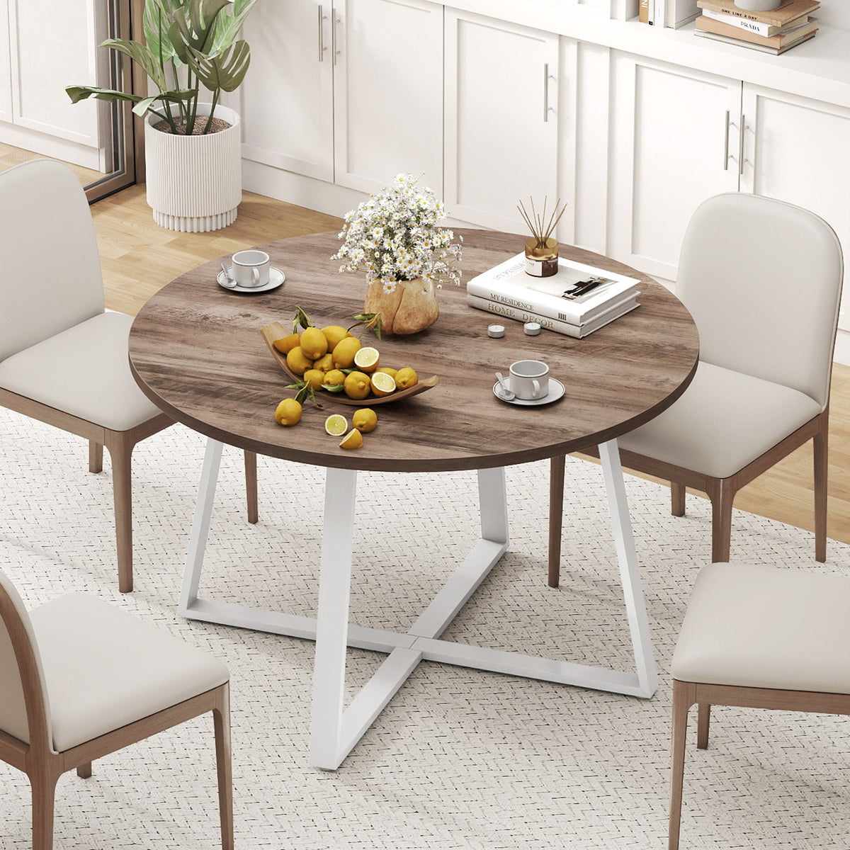 47 Inch Round Dining Table with Stable X-shaped Base and Round Thickened Tabletop-Natural view 2
