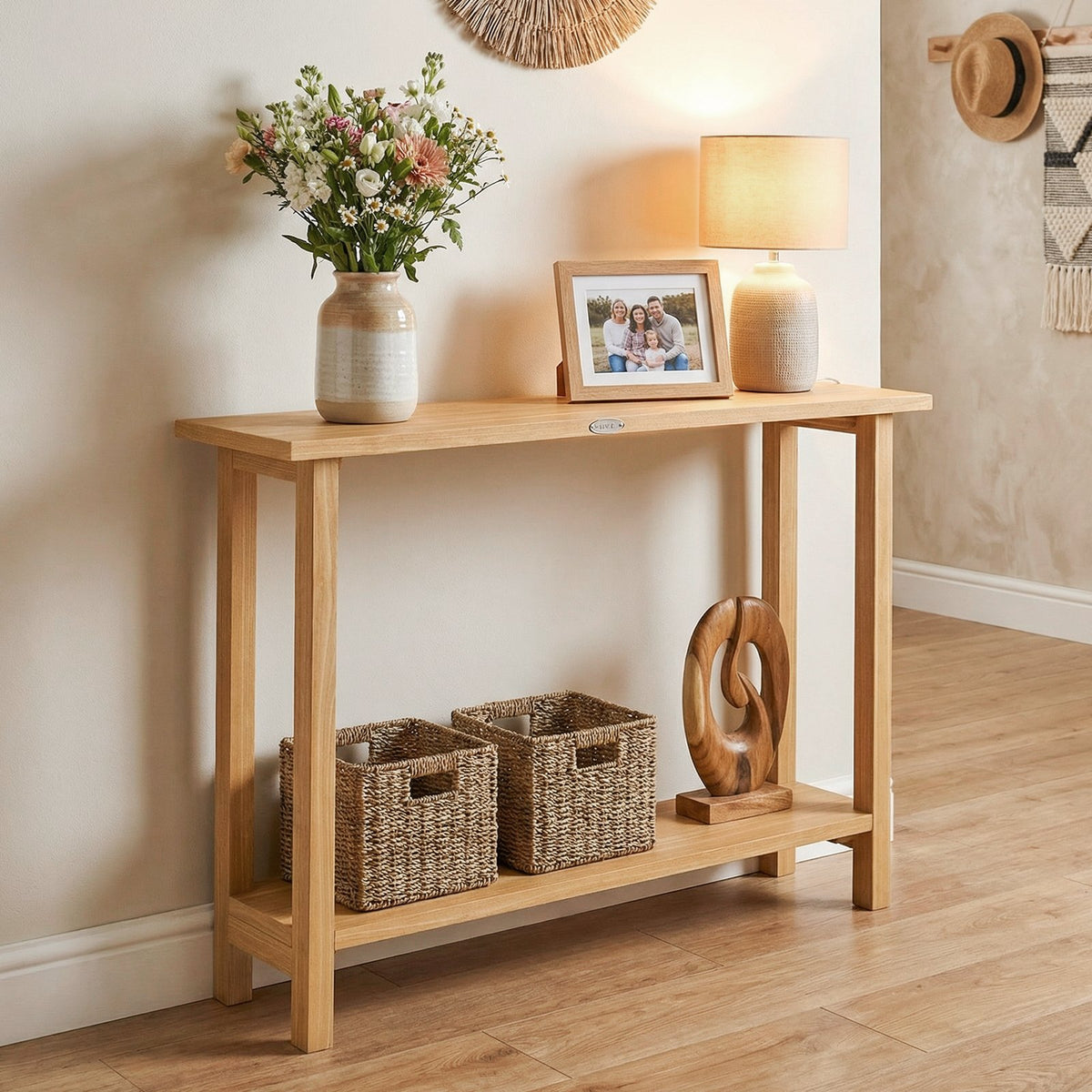 47 Inch Solid Wood Console Table with Teak Wood Frame and Storage Shelf view 2