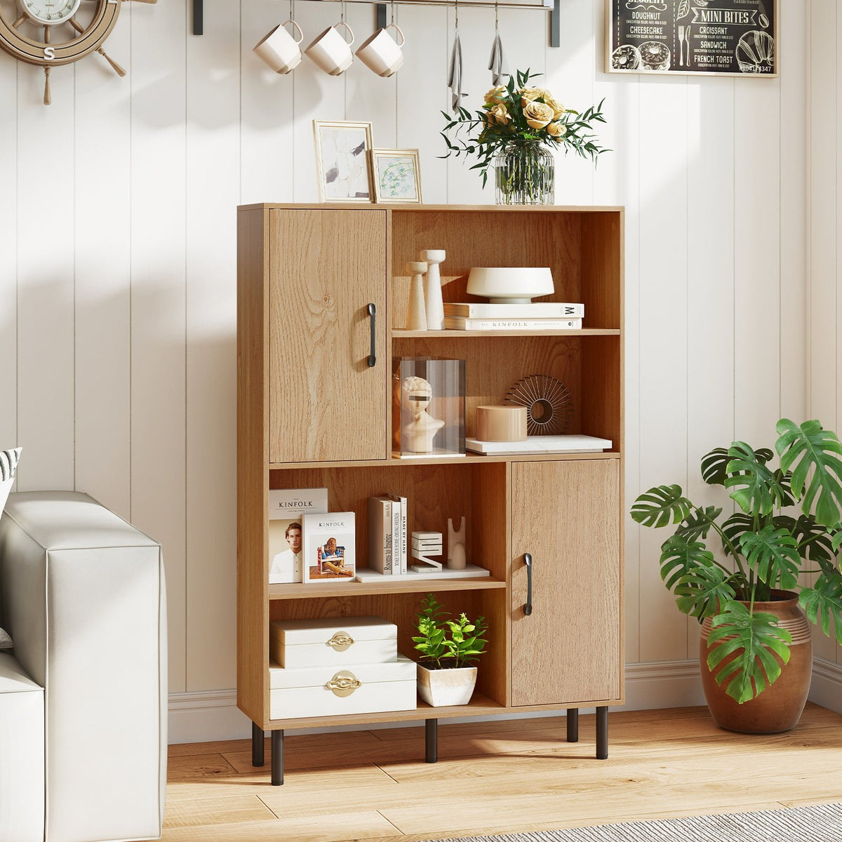47 Inch Storage Cabinet Freestanding Bookcase with 2 Doors and 4 Open Shelves-Natural view 2