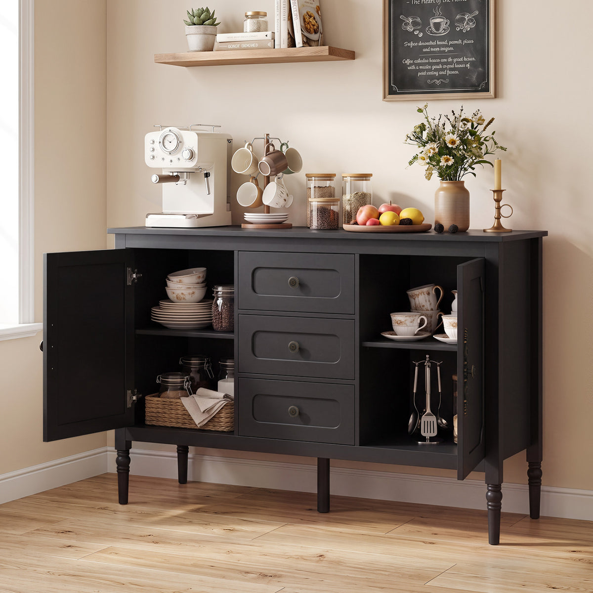 47 inches Vintage Buffet Cabinet with 3 Drawers 2 Cabinets and Adjustable Shelves for Dining Room-Black view 2