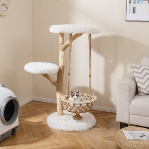 48.5 Inch Solid Wood Cat Tree with Hanging Cradle and Jute Scratching Post-White view 2