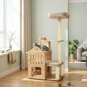 48.5 inches Multi-Level Solid Wood Cat Tree for Indoor Cats with Padded Top Perch Cat Condo and Sisal Scratching Posts-Beige view 3