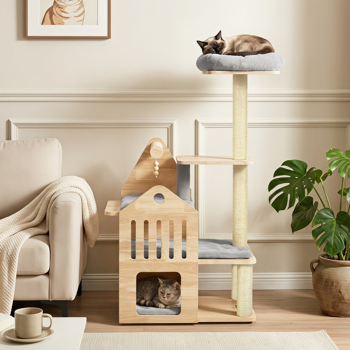 48.5 inches Multi-Level Solid Wood Cat Tree for Indoor Cats with Padded Top Perch Cat Condo and Sisal Scratching Posts-Gray view 2
