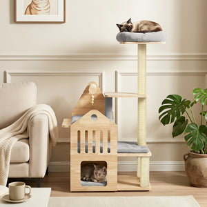 48.5 inches Multi-Level Solid Wood Cat Tree for Indoor Cats with Padded Top Perch Cat Condo and Sisal Scratching Posts-Gray view 2