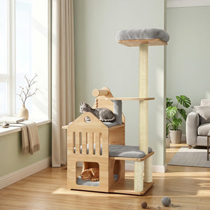 48.5 inches Multi-Level Solid Wood Cat Tree for Indoor Cats with Padded Top Perch Cat Condo and Sisal Scratching Posts-Gray view 3
