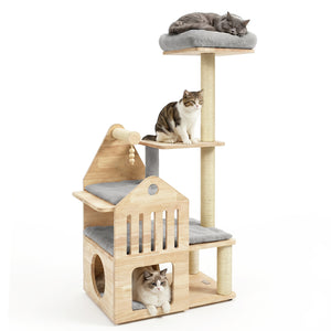 48.5 inches Multi-Level Solid Wood Cat Tree for Indoor Cats with Padded Top Perch Cat Condo and Sisal Scratching Posts-Gray view 4