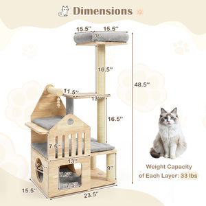 48.5 inches Multi-Level Solid Wood Cat Tree for Indoor Cats with Padded Top Perch Cat Condo and Sisal Scratching Posts-Gray view 5
