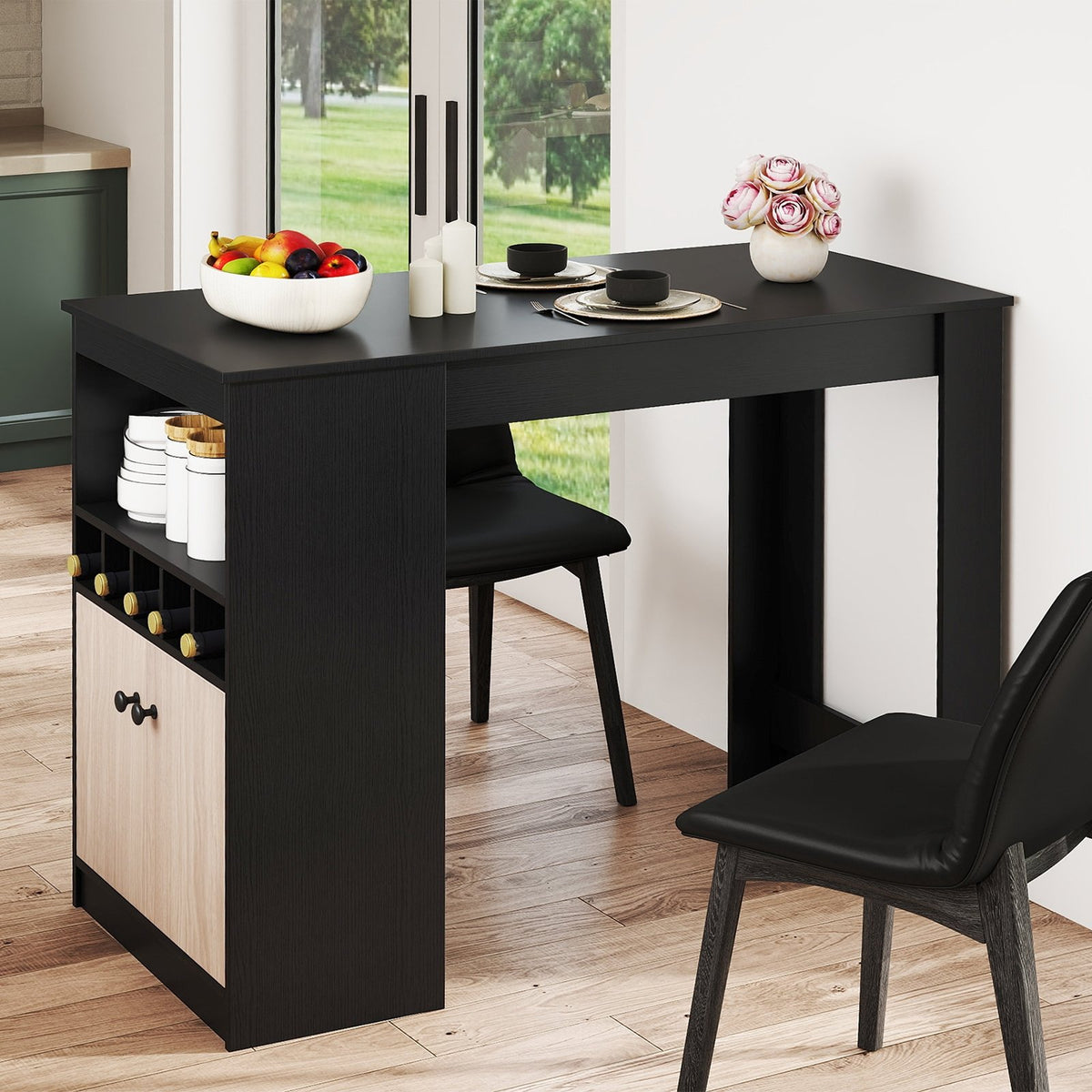 48 Inch Bar Table with Storage Cabinet and Wine Rack-Black view 2