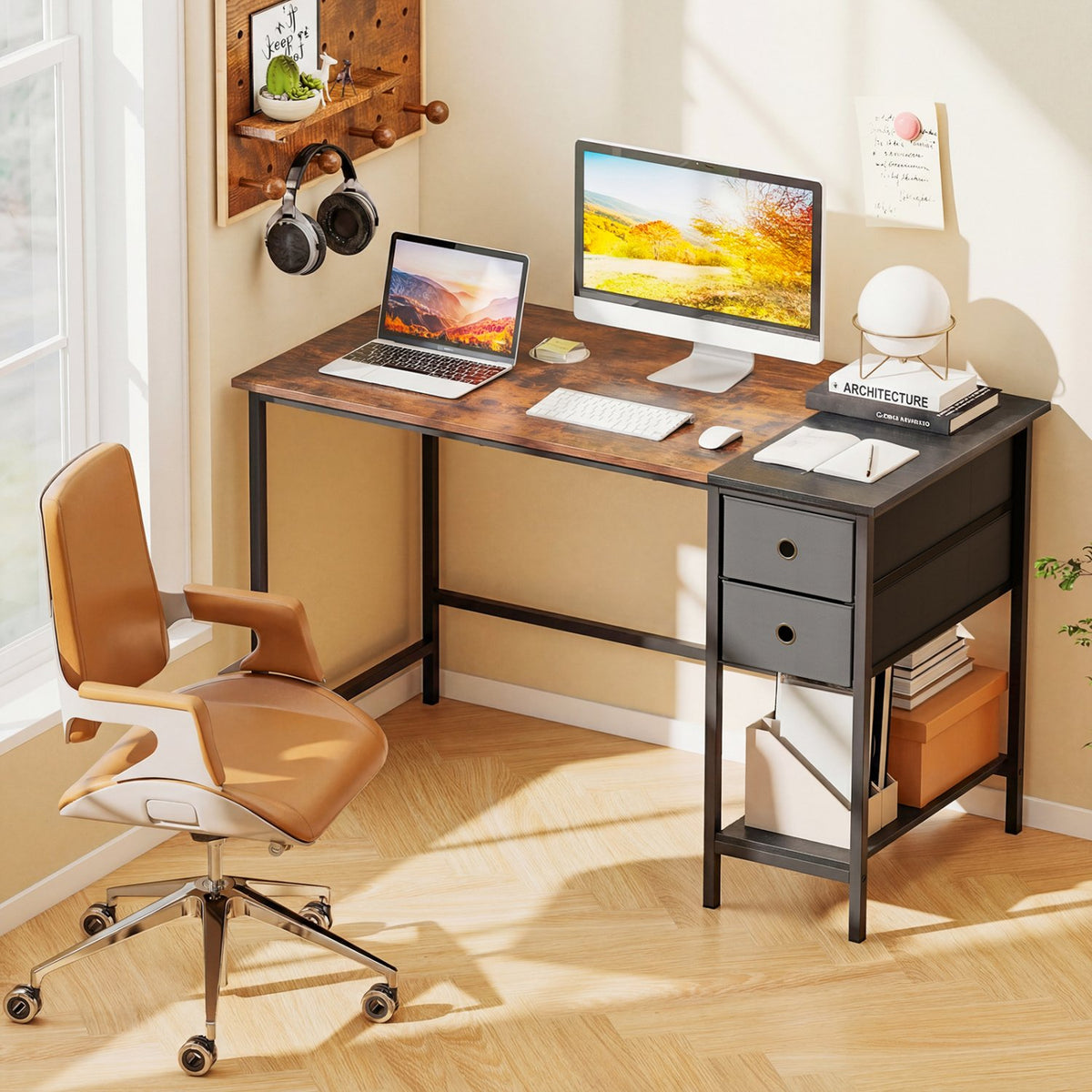 48 Inch Computer Desk with 2 Fabric Drawers Industrial Home Office Desk-Rustic Brown view 2