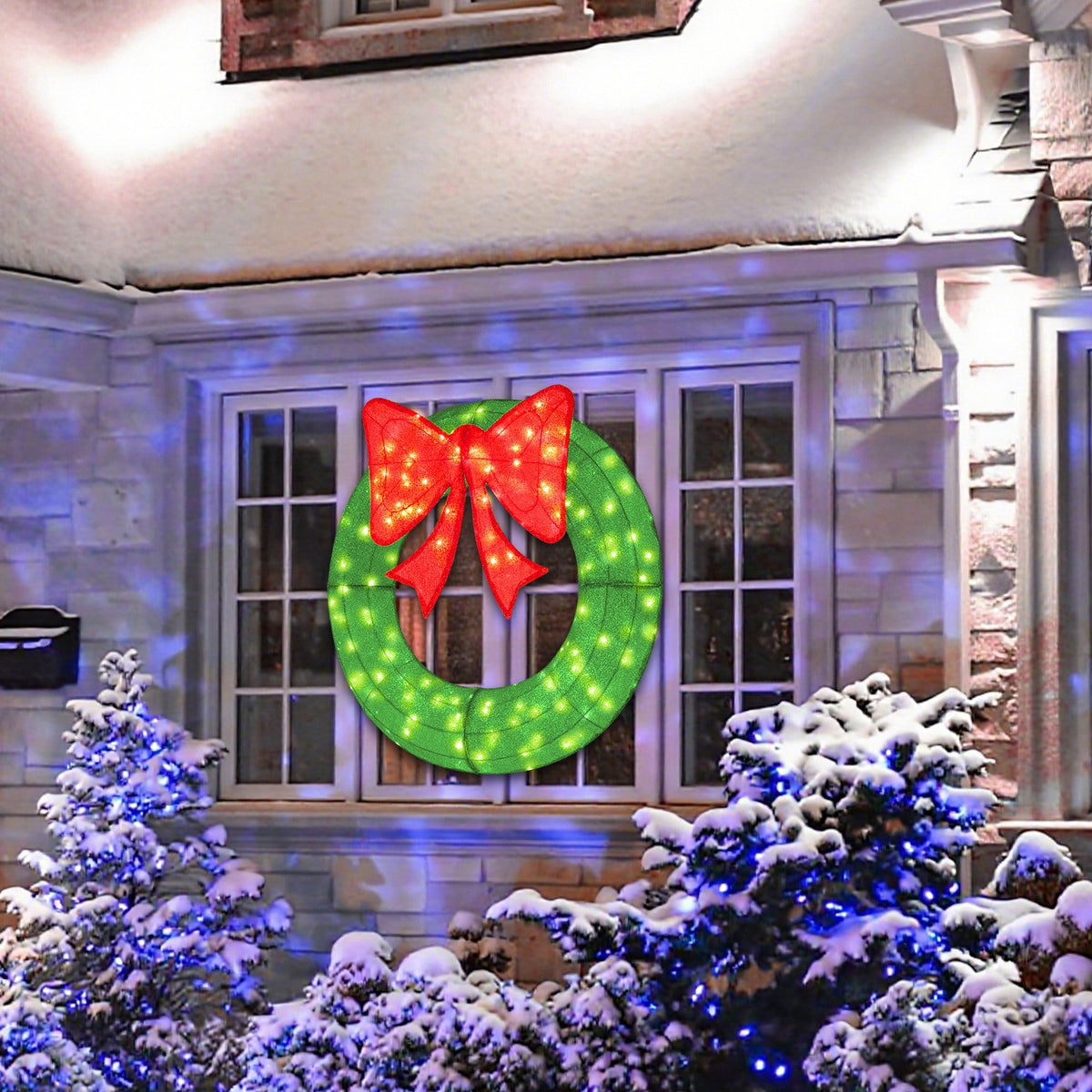 48 Inch Pre-Lit Lighted Christmas Mesh Wreath with Bow and 200 LED Bulbs-Green view 2