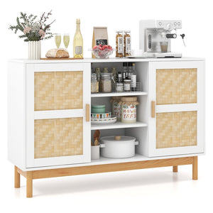 48 Inch Sideboard Buffet Cabinet Floor Storage Cabinet with 2 Bamboo Woven Doors-White view 4