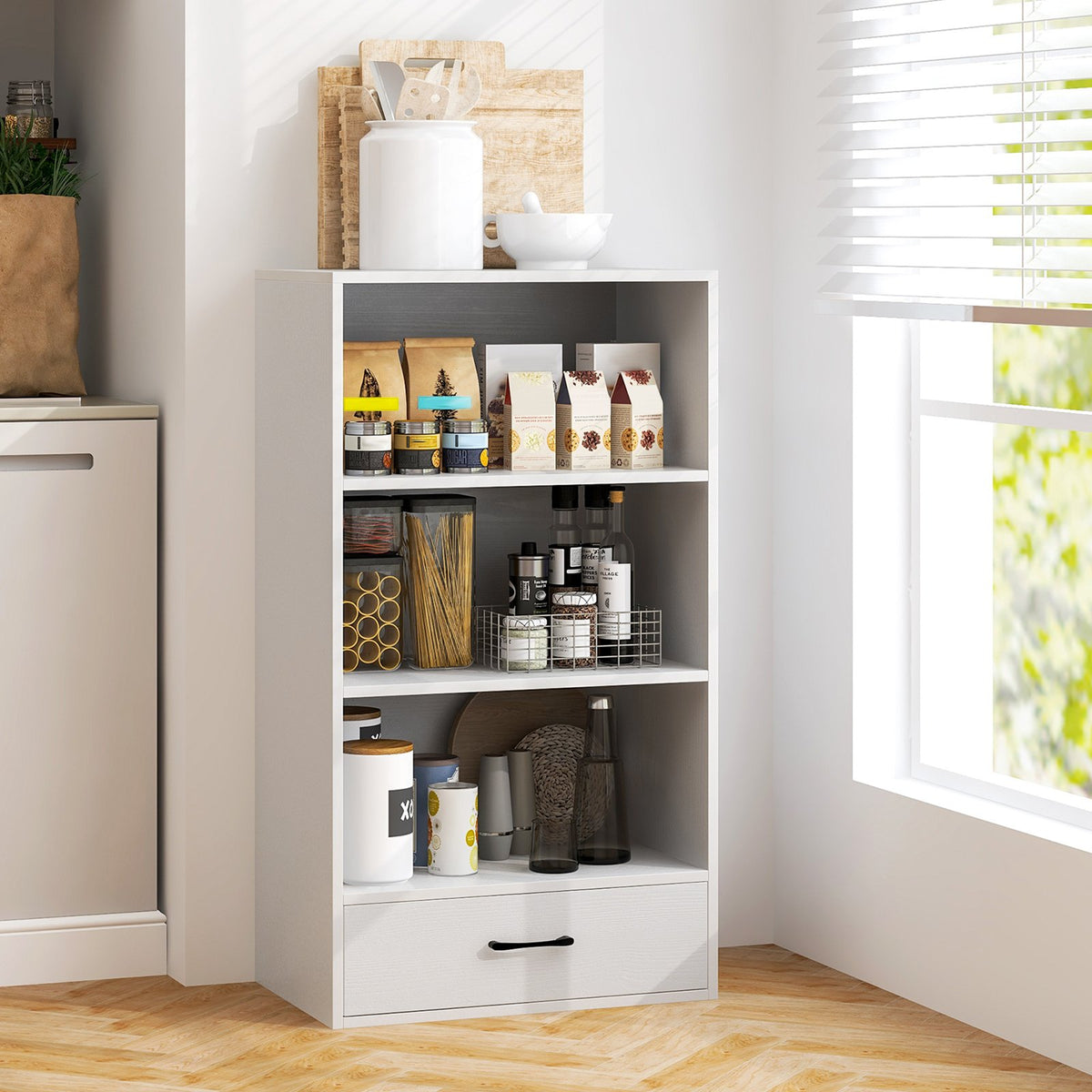 48 Inch Tall 4 Tiers Wood Bookcase with Drawer-White view 2