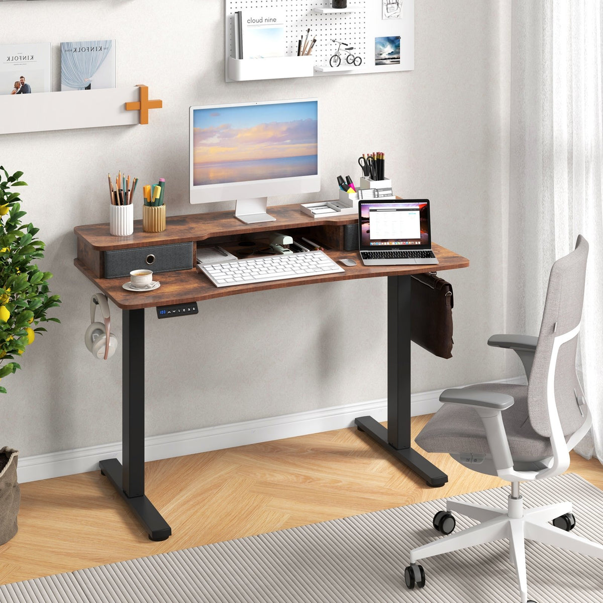 48 Inch x 24 Inch Height Adjustable Electric Standing Desk with 2 Drawers-Rustic Brown view 2