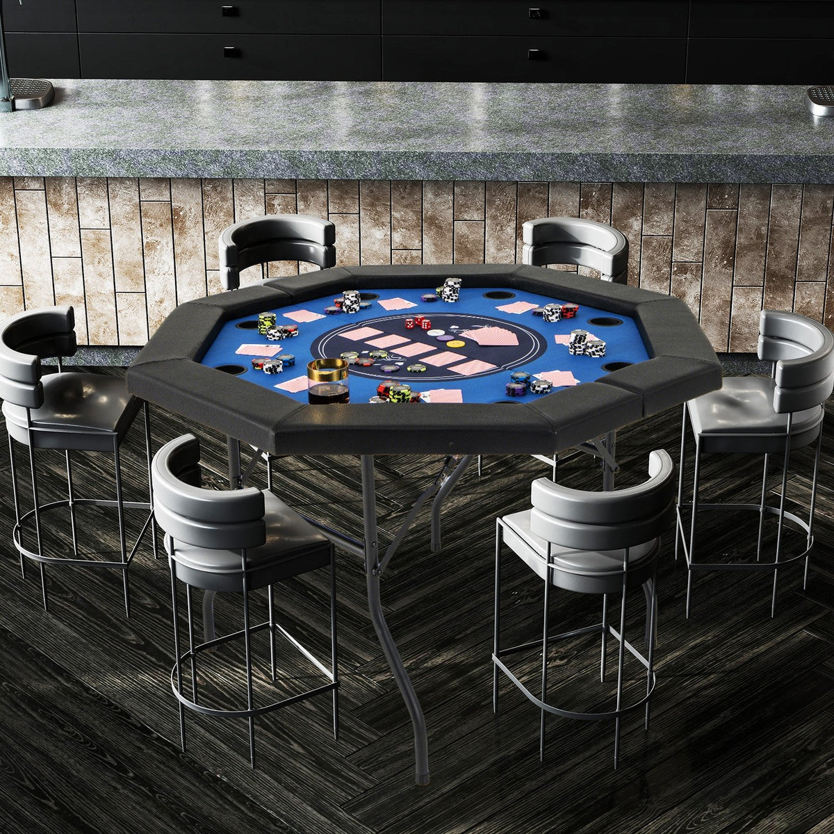 48 Inches Foldable Poker Table with Padded Rails and Cup Holders-Blue view 2