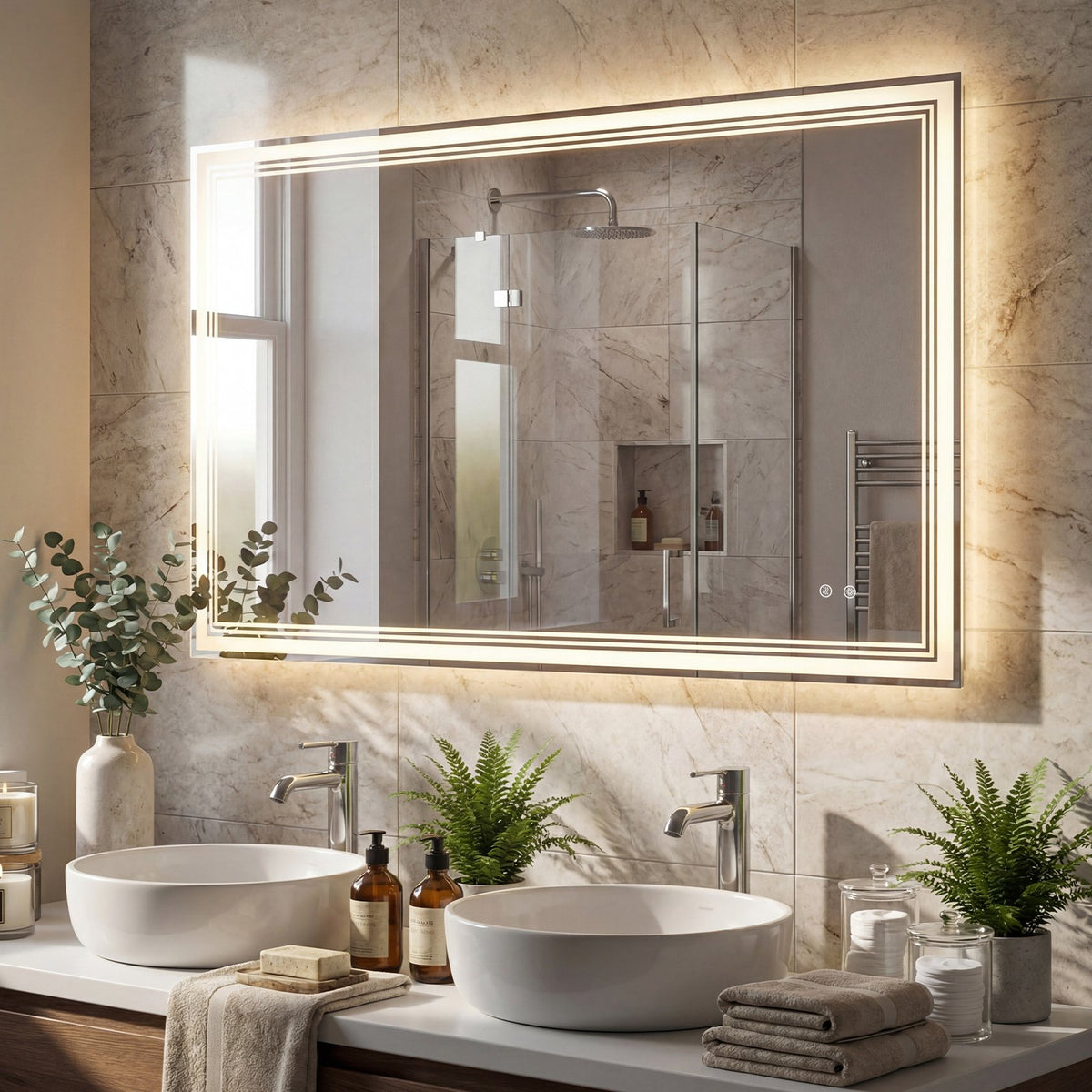 48 inches x 28 inches LED Bathroom Mirror with Frontlit and Backlit view 2
