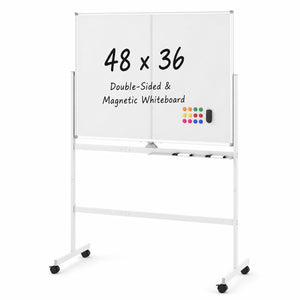 48 inches x 36 inches Double-Sided Mobile White Board with Lockable Universal Wheels for Office-White