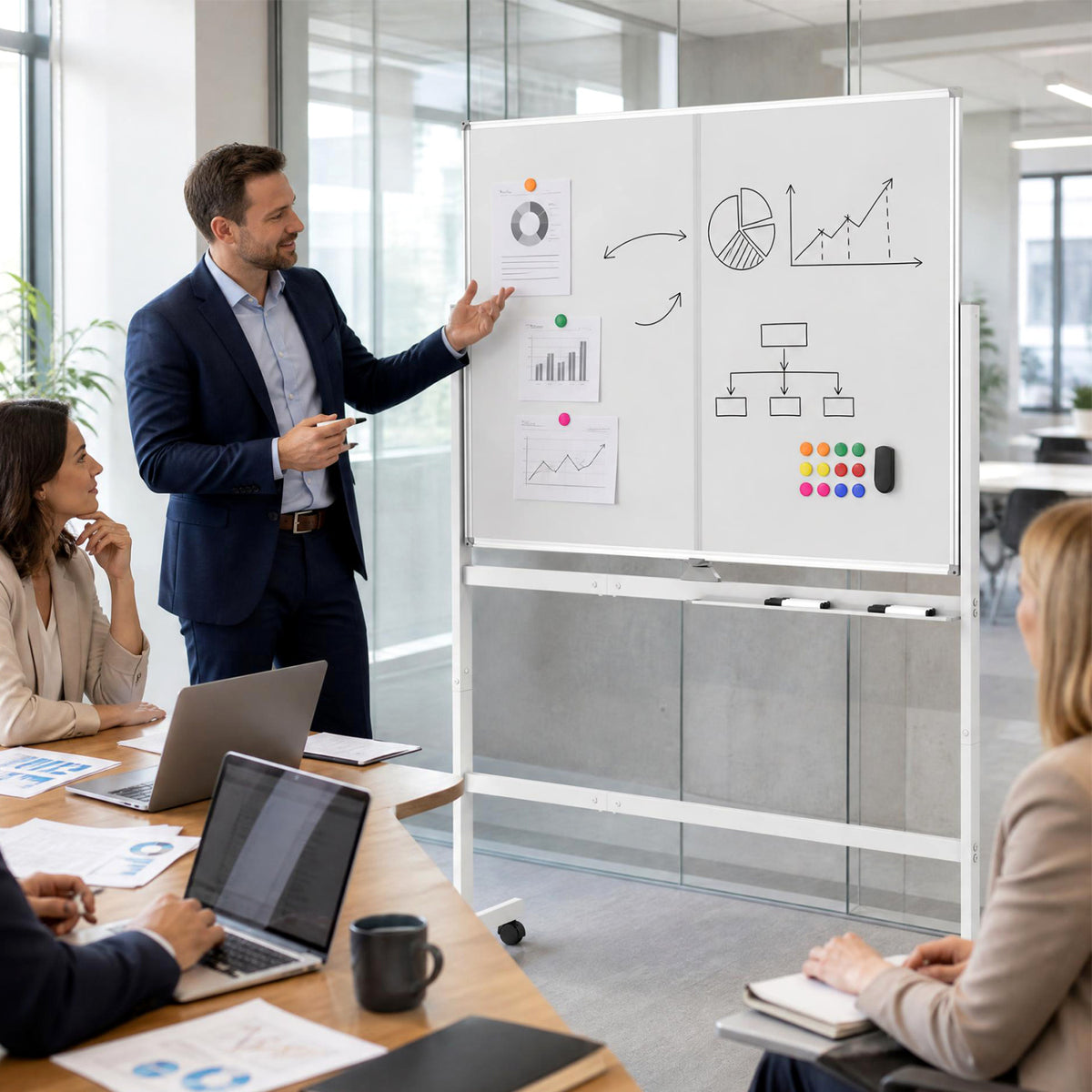 48 inches x 36 inches Double-Sided Mobile White Board with Lockable Universal Wheels for Office-White view 2