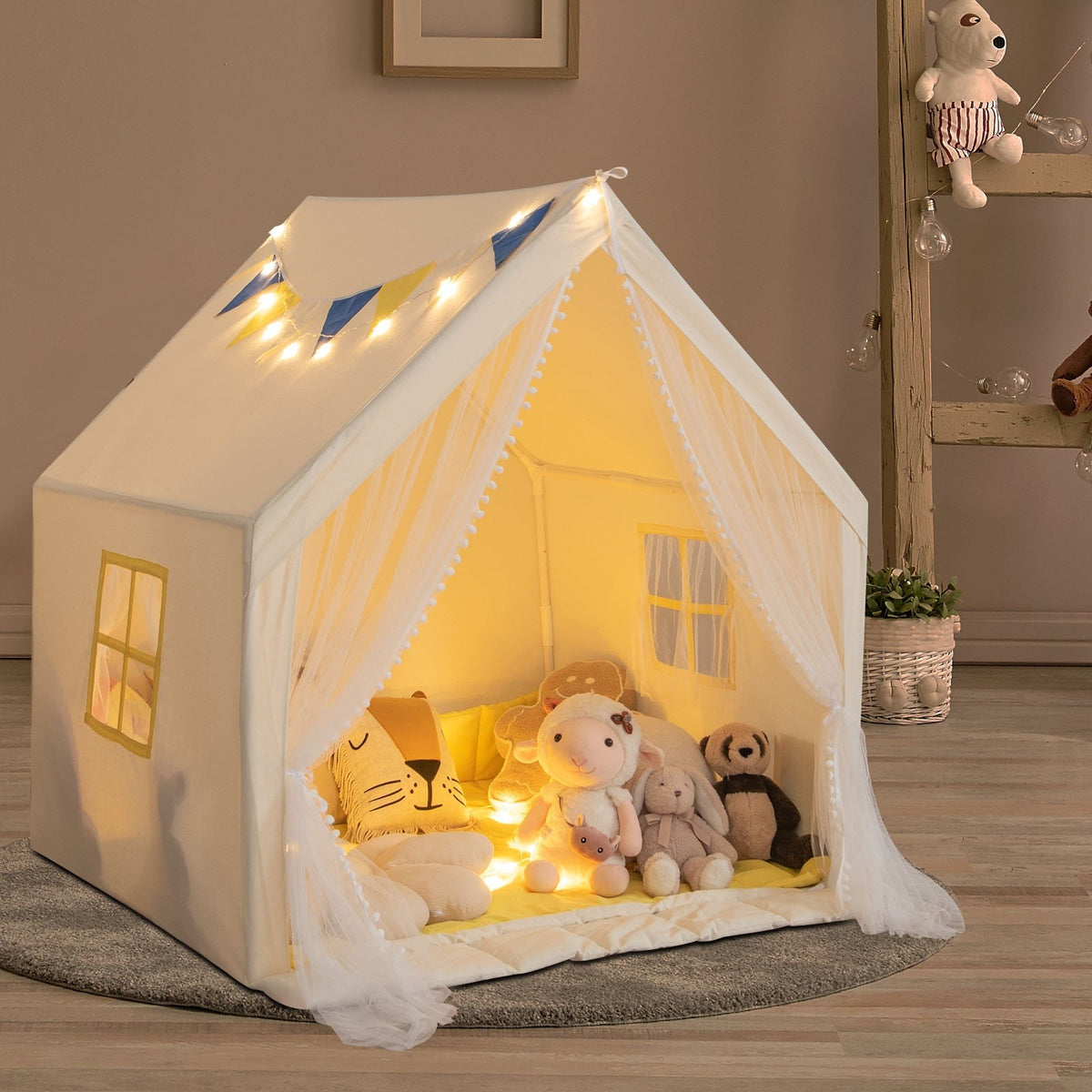 48 x 42 x 50 Inch Large Play Tent with Washable Cotton Mat Holiday Birthday Gift for Kids-Beige view 2