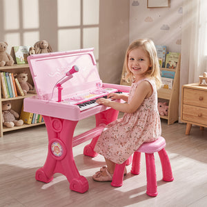 49 Keys Kids Electric Piano Keyboard Toy w/ Stool & Microphone Lights & Multiple Sounds-Pink view 3