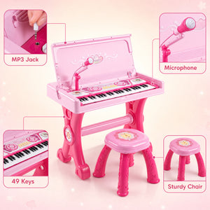 49 Keys Kids Electric Piano Keyboard Toy w/ Stool & Microphone Lights & Multiple Sounds-Pink view 8