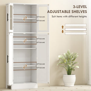 Tall Bathroom Cabinet with Glass Doors, Space-Saving Unit with Adjustable Shelves, Freestanding Storage, White