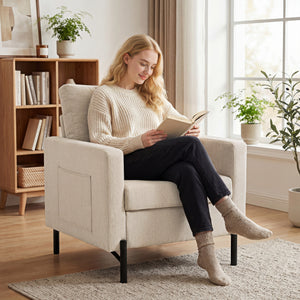 Accent Chair Modern Upholstered Armchair with Side Pockets and Cushion for Bedroom, Living Room, Beige – view 7