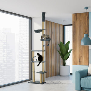 Floor to Ceiling Cat Tree, 90.5" - 98.5" Cat Tower with Scratching Post, Dangling Balls, Platforms, Bed, Hammock, Grey
