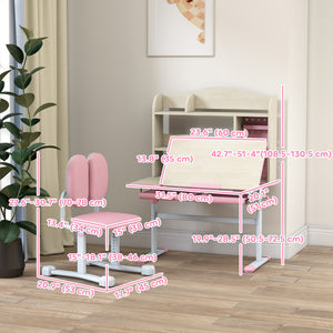 Qaba Kids Desk and Chair Set with Tilting Desktop, Adjustable Height, Drawer and Shelves for Boys Girls Ages 3-12