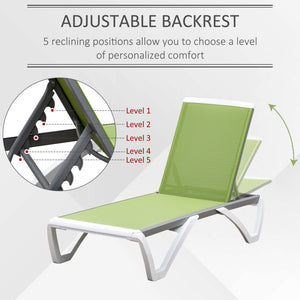 Outdoor Chaise Lounge Chair, Patio Aluminum Tanning Chair with 5-Level Adjustable Back, Portable Wheels, Breathable Mesh Fabric, for Pool, Deck, Garden, Green