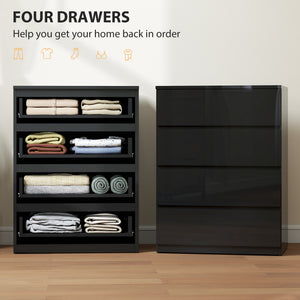 4 Drawer Cabinet, High Gloss Drawer Chest for Bedroom, Chest of Drawers with Metal Runners and Groove Handles, Black