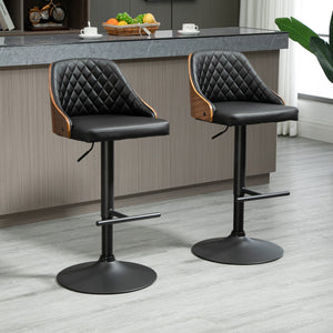 Modern Bar Stools PU Leather Set of 2 Swivel Bar Height Barstools Chairs with Adjustable Height, Round Heavy Metal Base and Footrest, Black