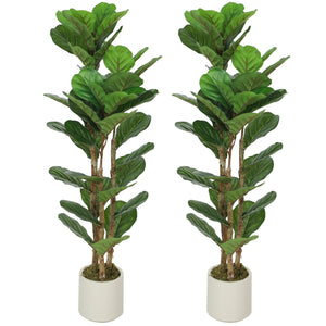 4FT Artificial Fiddle Leaf Fig Tree Set of 2, Fake Potted Tree with Solid Wood Trunks for Indoor Decor, Green