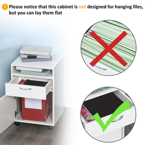 24" Small Filing Cabinet with Open Compartment, Drawer and Wheels, Home Office Storage Cabinet, White