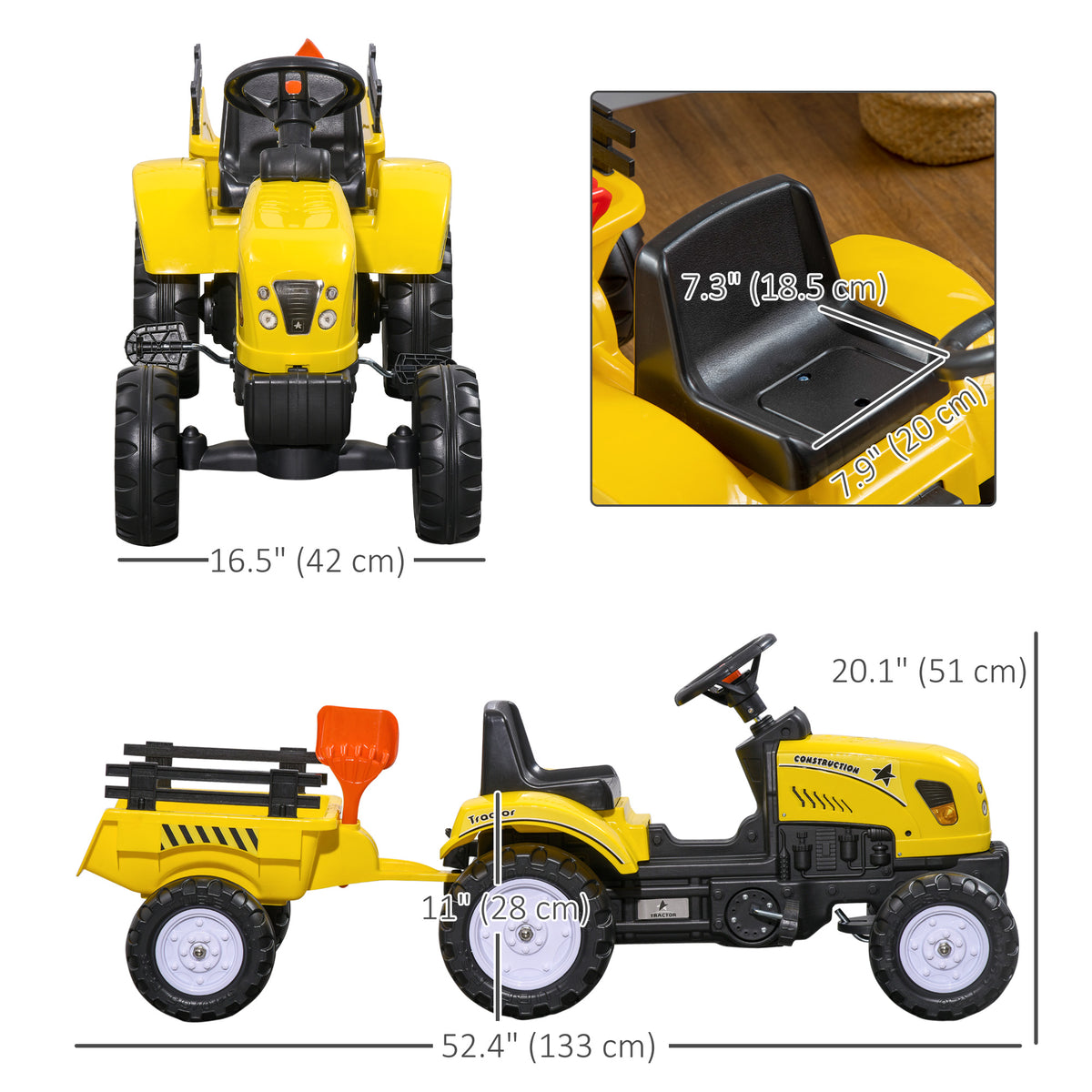 Aosom Ride on Excavator with Back Trailer, Shovel & Rake for 3+ Year Old