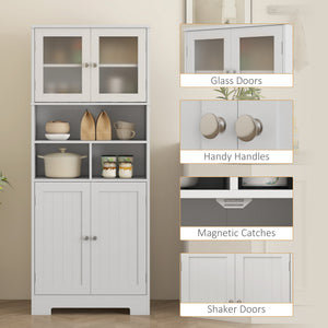 57" Kitchen Pantry, Freestanding Pantry Storage Cabinet with Glass Doors, Adjustable Shelves, Open Compartments, White